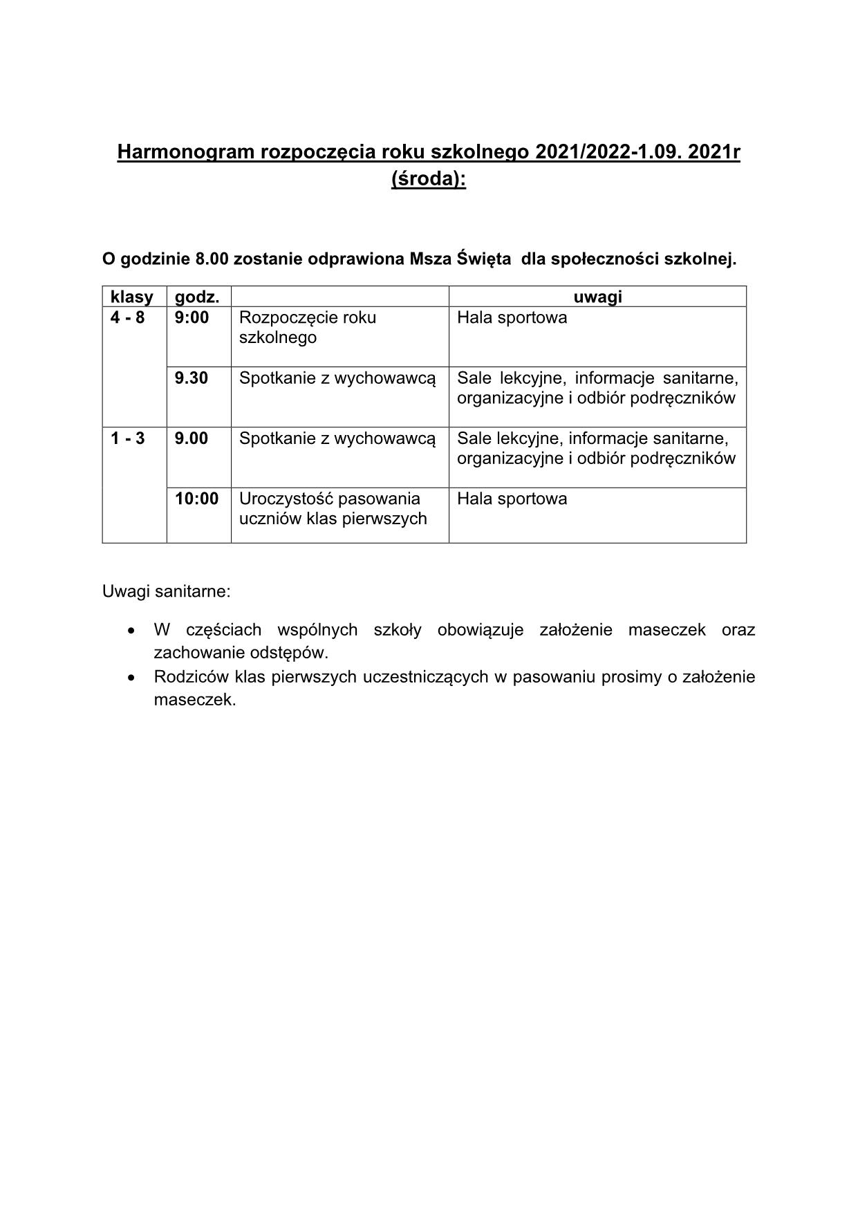 Harmonogram Rozpoczęcia Roku Szkolnego 2021/2022-1.09.2021r (środa ...